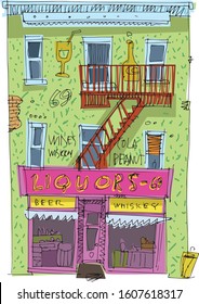 A vintage traditional facade of old liquors shop. Cartoon. Caricature.