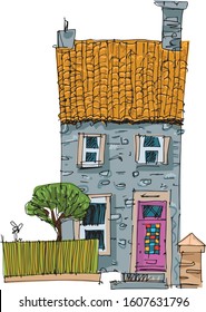 A vintage traditional facade of old stone british residential house surrounded with plants and fence. Cartoon. Caricature.