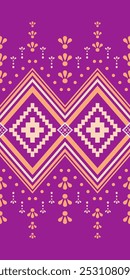 Vintage Traditional Homespun With Floral Ornament Orange Embroidery On Violet Background. Tribal Paisley Seamless Pattern Vector. Geometric Diamond Round Dots Exquisitely Combine Illustration Fabric.