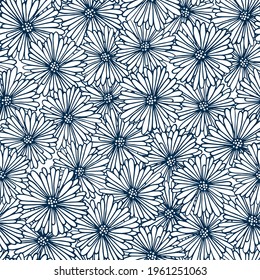 Vintage Traditional Indian, scandinavian, Japanese, greek blue seamless pattern with Abstract chamomile. Two-color trend collage pattern. Blue nature Hand drawn illustration with simple small flowers