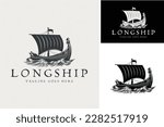 Vintage Traditional Longboat Viking War Ship Drakkar, Ancient Nordic Longship Battle Boat on Ocean Wave Silhouette Illustration Logo design