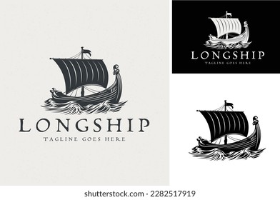 Vintage Tradicional Barco de Guerra Viking de Longboat Drakkar, antiguo barco nórdico de larga duración en la silueta de olas oceánicas Diseño de imagen