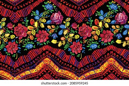 Vintage Traditional Pattern, Seamless Vector Bohemian Background In Gypsy, Mexican, Russian Scarf Style With Folkloric Ethnic Flowers And Motifs.