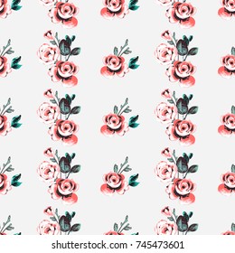 Vintage traditional peony bouquet and rose flower vector seamless pattern in watercolor style. Beautiful floral Illustration on white background.