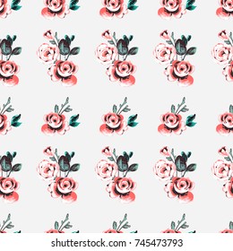 Vintage traditional peony bouquet and rose flower vector seamless pattern in watercolor style. Beautiful floral Illustration on white background.