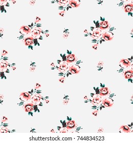 Vintage traditional peony flower and pink flowers bouquet vector seamless pattern in watercolor style. Beautiful floral Illustration on white background.