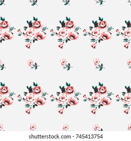 Vintage traditional peony flower and pink flowers bouquet vector seamless pattern in watercolor style. Beautiful floral Illustration on white background.