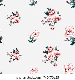 Vintage traditional peony flower and pink flowers bouquet vector seamless pattern in watercolor style. Beautiful floral Illustration on white background.