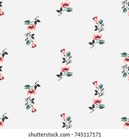 Vintage traditional pink flower vector seamless pattern in watercolor style. Beautiful floral Illustration on white background.