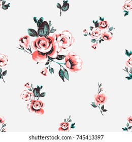 Vintage traditional pink rose flowers, vector seamless pattern in watercolor style. Beautiful floral Illustration on white background.