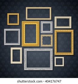 Vintage traditional realistic frames set on dark wall isolated vector illustration 