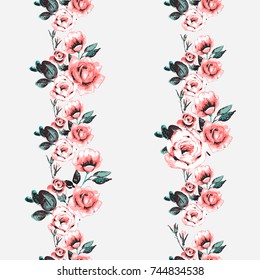 Vintage traditional roses border and beautiful bouquet vector seamless pattern in watercolor style. Beautiful floral Illustration on white background.
