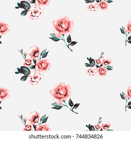 Vintage traditional roses brunch and beautiful bouquet vector seamless pattern in watercolor style. Beautiful floral Illustration on white background.