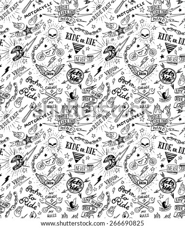 Vintage traditional tattoo biker seamless pattern, vector illustration