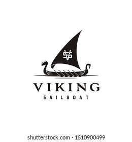 Vintage Traditional Viking War Ship Drakkar Boat Silhouette Letter V S SV VS Logo design