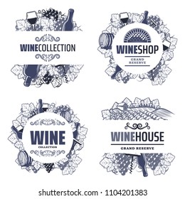 Vintage traditional wine templates with inscriptions bottles wineglasses bunch of grapes barrel vineyard corkscrew isolated vector illustration