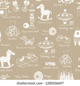 Vintage traditional wooden toys illustrations on kraft paper seamless vector pattern background. Perfect for wallpaper, wrapping paper, fabric, scrap booking, home decor, backdrops and more.