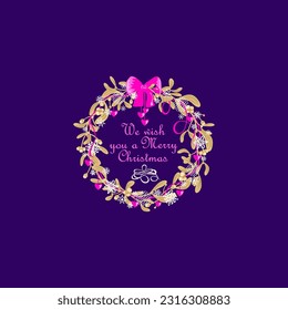 Vintage traditional Xmas decoration with wreath of mistletoe, hot pink ribbons, paper cutting snowflakes and hanging hearts on violet background. Vector illustration for Christmas and New year holiday