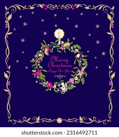 Vintage traditional Xmas decoration with wreath of mistletoe, paper cutting snowflakes, angel, gingerbread, candy, candle, sock, mitten, redbird, jingle bell and Christmas star on navy blue background