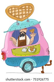 Vintage trailer modified as street fast food cafe. Waffles cafe. Cartoon.