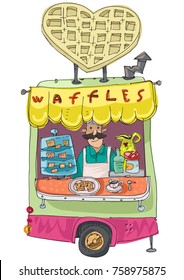 Vintage trailer modified as street fast food cafe. Waffles cafe. Cartoon.