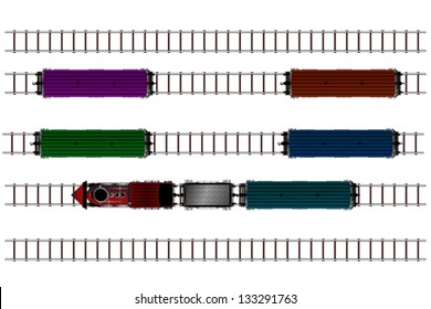 A vintage train engine and passenger cars drawing. Isolated and grouped objects on white background