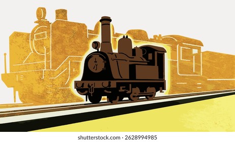 Vintage train illustration with a classic steam locomotive. The train is depicted in a stylized, artistic manner, highlighting its historical charm and vintage appeal. Vintage art illustration vector.