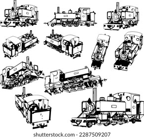 "Vintage Train Illustration from Every Angle"
"Retro Railroad Engine Silhouette Set"
"3D Rendered Vintage Train from Different Sides"