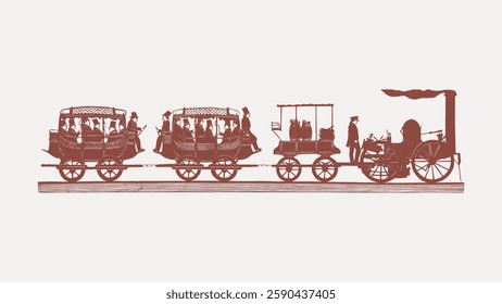 Vintage train illustration with passengers in carriages. Steam engine leads. Retro transport art. Detailed train design. Historical train depiction. Vintage illustration isolated on white, vector.