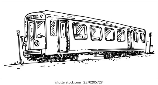 vintage train on railway tracks hand-drawn illustration