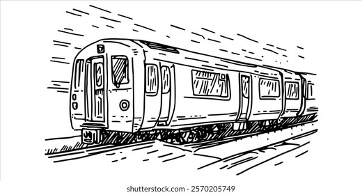 vintage train on railway tracks hand-drawn illustration
