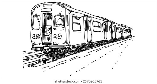 vintage train on railway tracks hand-drawn illustration