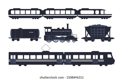 Vintage train silhouette collection. Railway locomotive, wagons silhouette with passengers, freight, cisterns vector illustration isolated on white background.