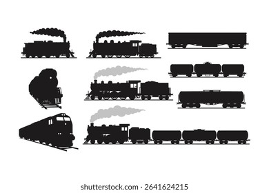 Vintage Train Silhouettes Collection – Steam Engines, Cargo Cars, and Locomotive Vector Icons

