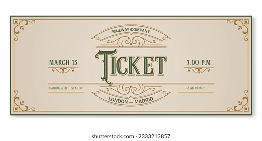 Vintage train ticket template on a light background. For excursion routes, retro parties, clubs, cinema and other stylish projects. Just add your text. Vector, can be used for printing.