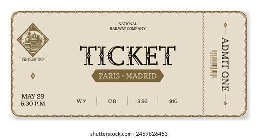 Vintage train ticket template on a light background with golden accents. For excursion routes, retro parties, clubs and other projects. Just add your text. Vector, can be used for printing.	