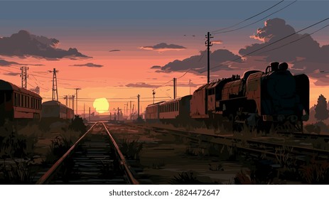 Vintage Train Tracks at Sunset Landscape Illustration