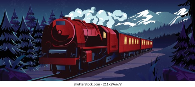 vintage train vector flat design landscape illustration banner