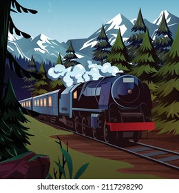 vintage train vector flat design landscape illustration banner