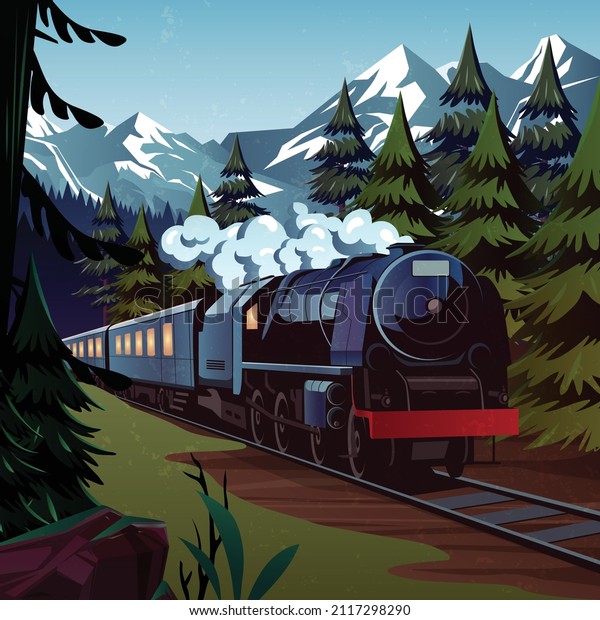 vintage train vector flat design landscape\
illustration banner