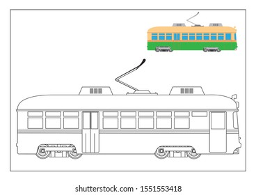 vintage tram coloring book, illustration