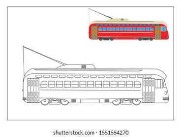 vintage tram coloring book, illustration