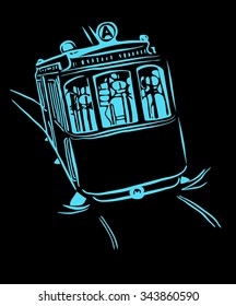 Vintage Tram Passengers With Night Neon Light