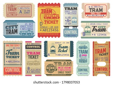 Vintage tram tickets isolated vector templates, transportation retro pass cards, trip paper coupons with perforated cut lines. Boarding tram single ticket control with date, city transport access set