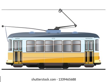 Vintage tram. Typical tram of Lisbon, Portugal. Vector.