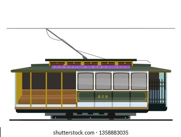 Vintage tram. Typical tram of San Francisco, USA. Vector. Historic traditional Cable Cars. Famous California Street Car.