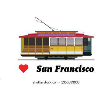 Vintage tram. Typical tram of San Francisco, USA. Vector. Historic traditional Cable Cars. Famous California Street Car.