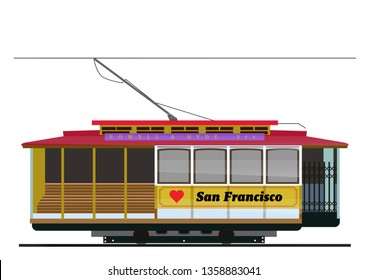 Vintage tram. Typical tram of San Francisco, USA. Vector. Historic traditional Cable Cars. Famous California Street Car.