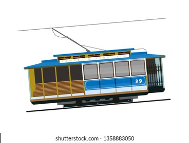 Vintage tram. Typical tram of San Francisco, USA. Vector. Historic traditional Cable Cars. Famous California Street Car.