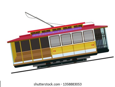 Vintage tram. Typical tram of San Francisco, USA. Vector. Historic traditional Cable Cars. Famous California Street Car.